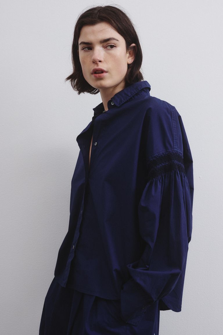 Chemise brodée en popeline bleu nuit