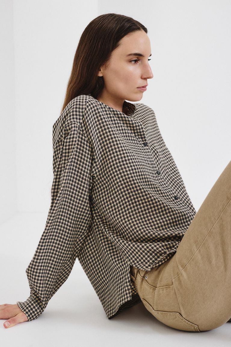Camicia con collo a fascetta in flanella vichy