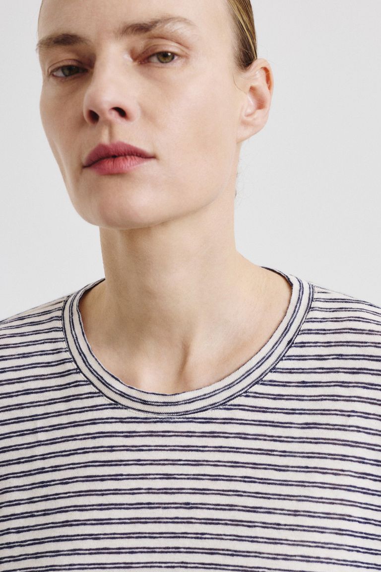 Oversized striped cotton and linen jersey T-shirt navy