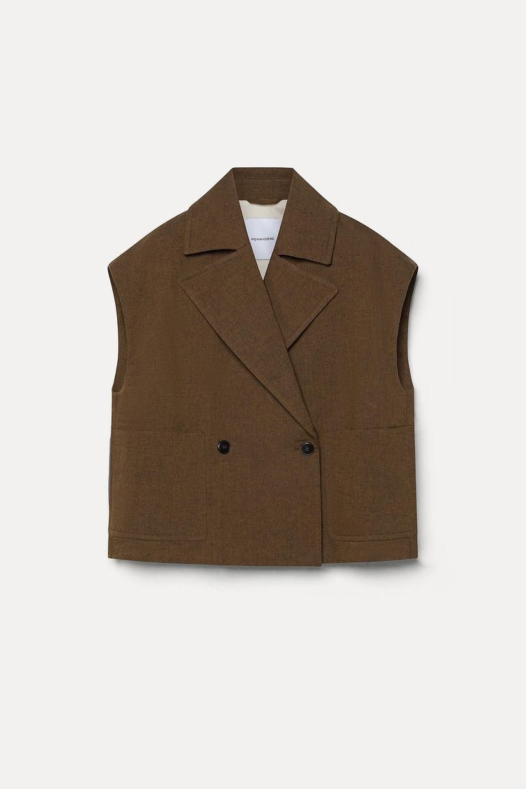 Waistcoat in cotton and linen twill mud