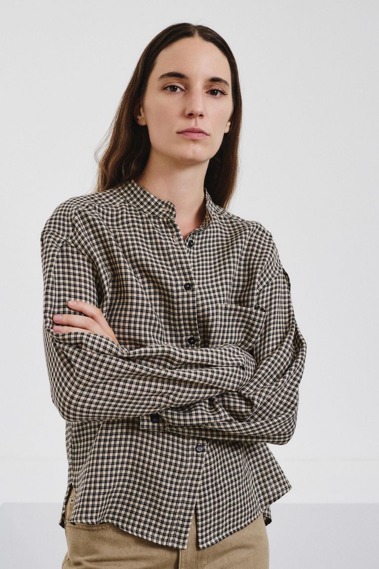 Vichy check flannel shirt with band collar