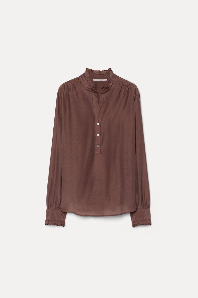 Camicia con rouches in voile di seta e cotone malva