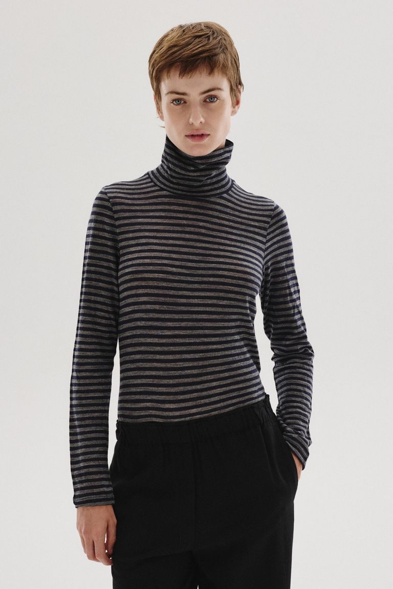 Striped wool jersey high-neck T-shirt navy blue