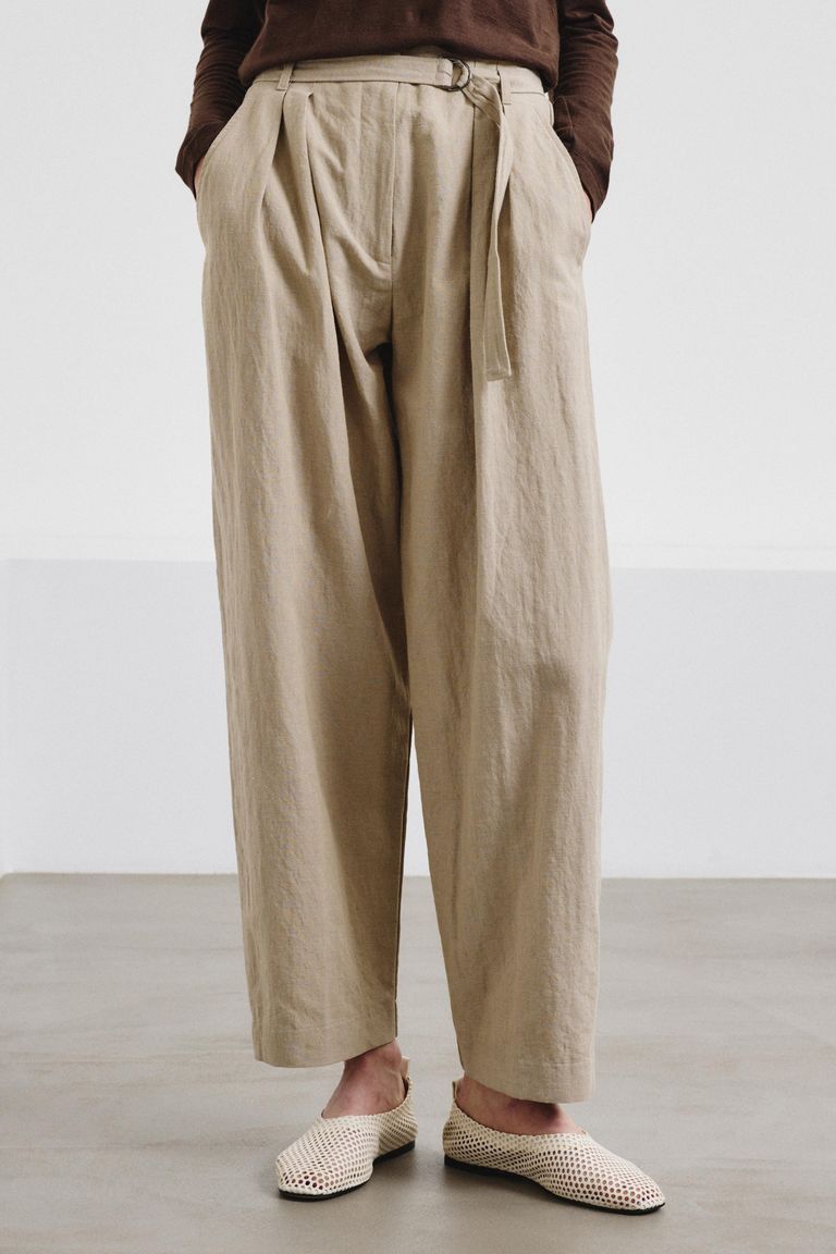 Cotton and linen twill trousers with waist tie jute