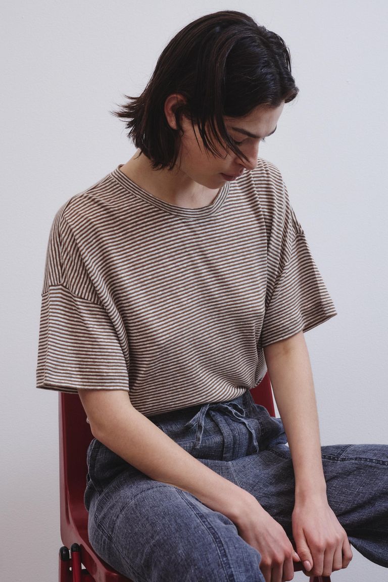 Oversized striped cotton and linen jersey T-shirt hazelnut