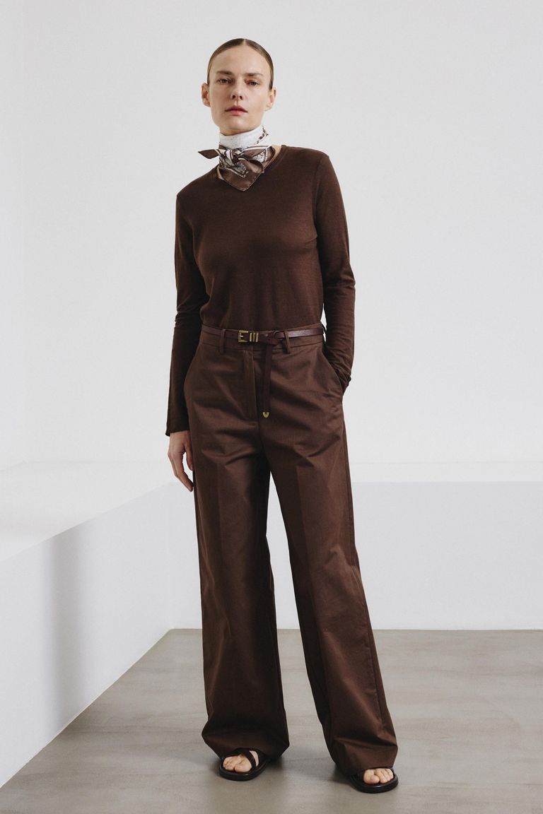 High-waist trousers in technical cotton drill cocoa