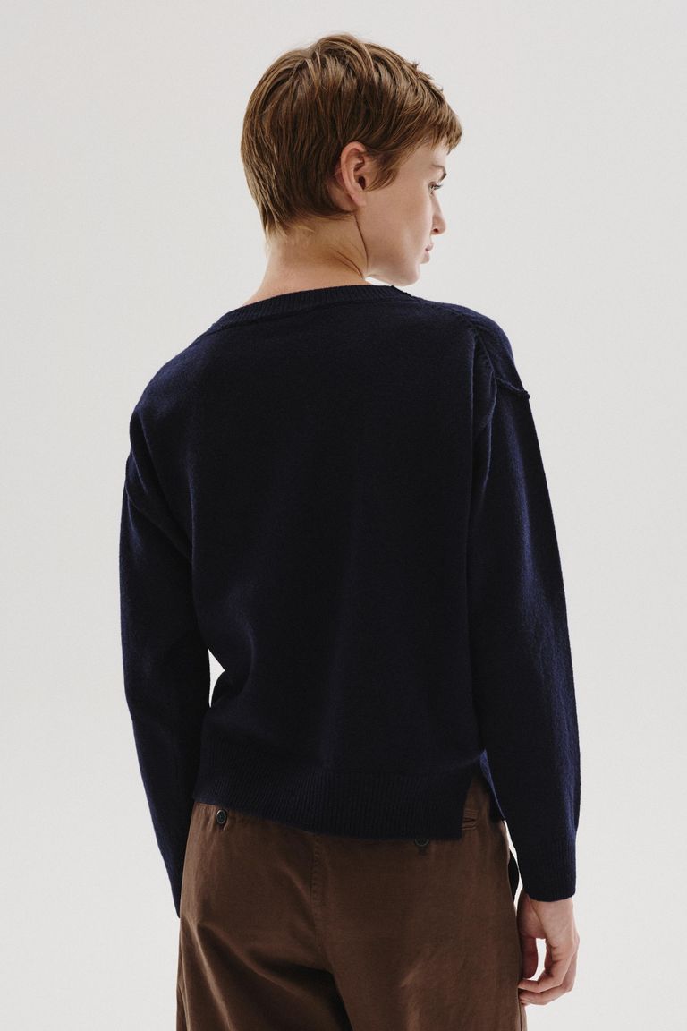 Wool and cashmere stockinette-knit crewneck sweater night blue