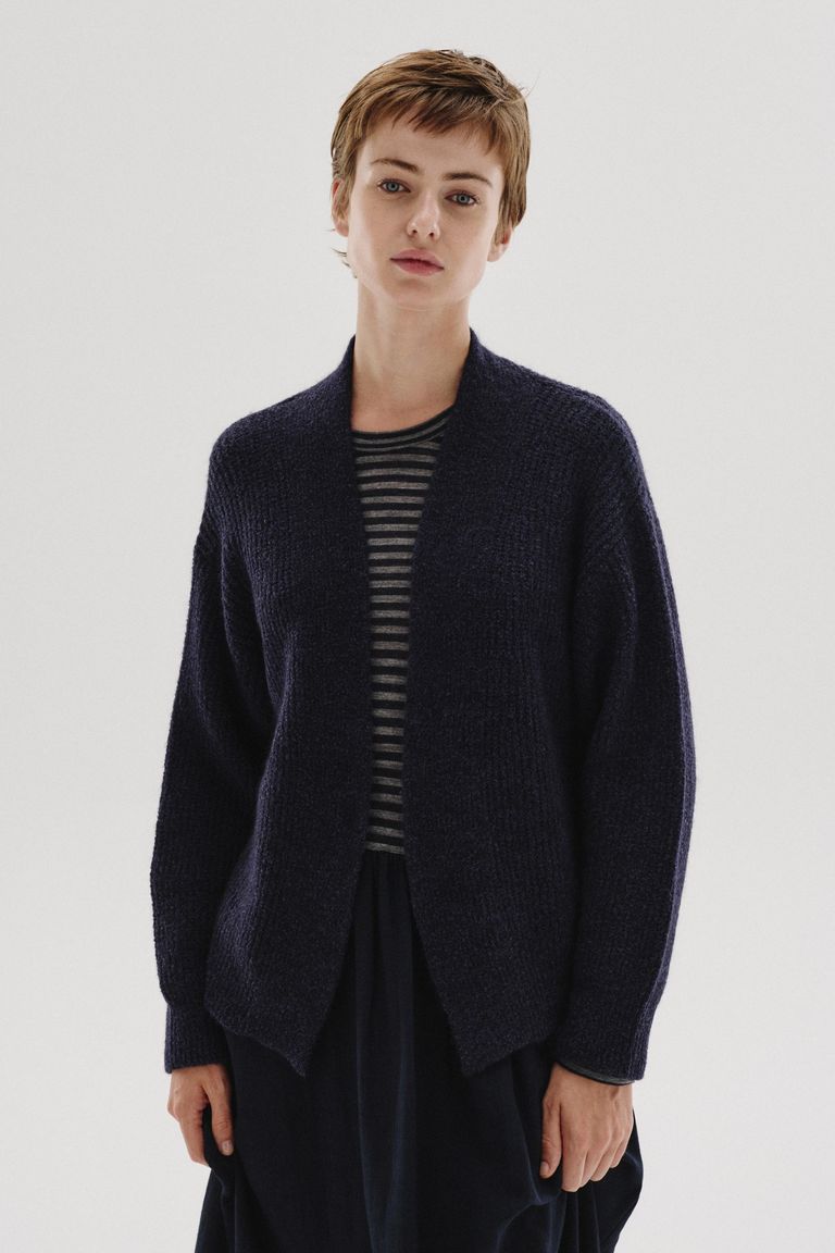 Cardigan en maille bouclée de laine et d’alpaga bleu marine