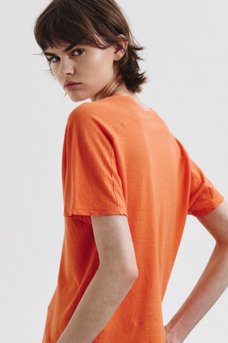 V-neck T-shirt in linen and cotton jersey lobster