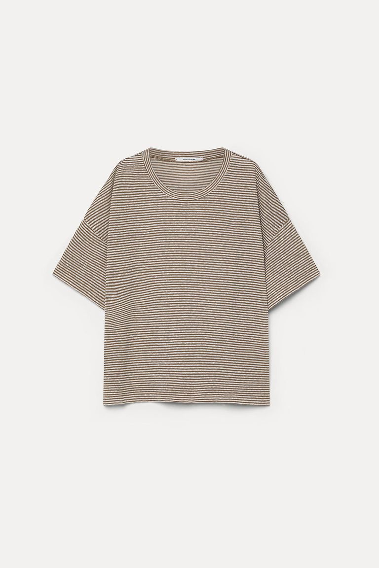 Oversized striped cotton and linen jersey T-shirt hazelnut