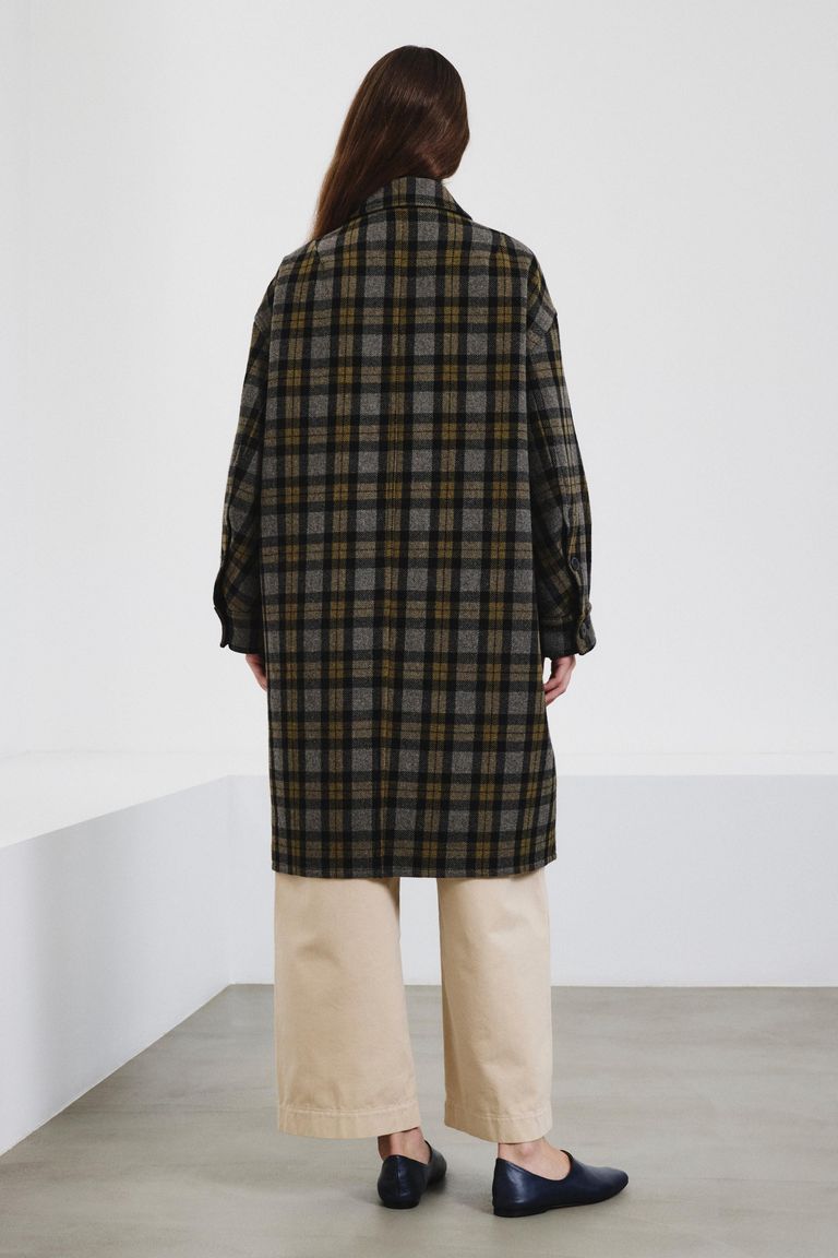 Manteau en drap de laine tartan vert militaire