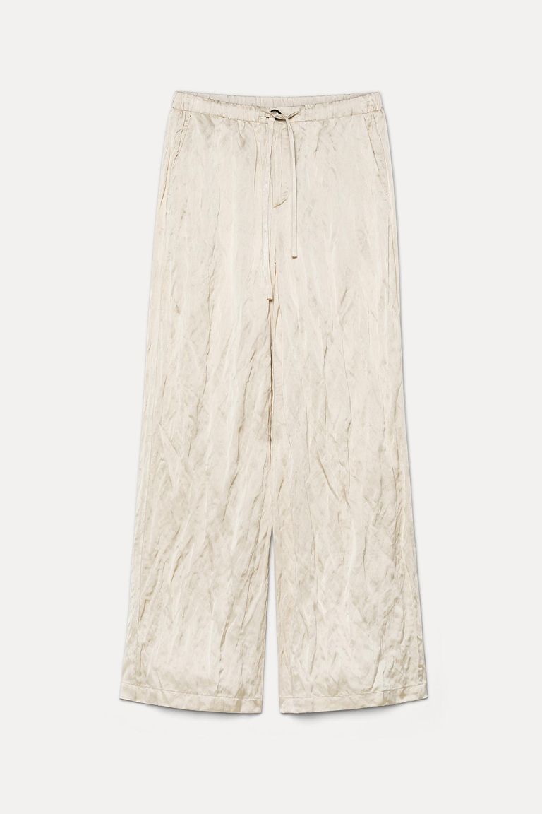 Crinkled viscose satin trousers lime white