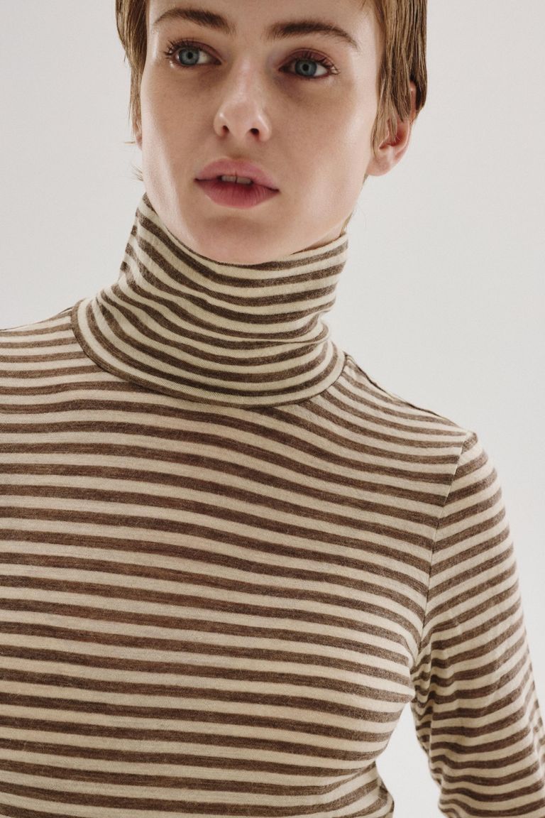 Striped wool jersey high-neck T-shirt dove grey