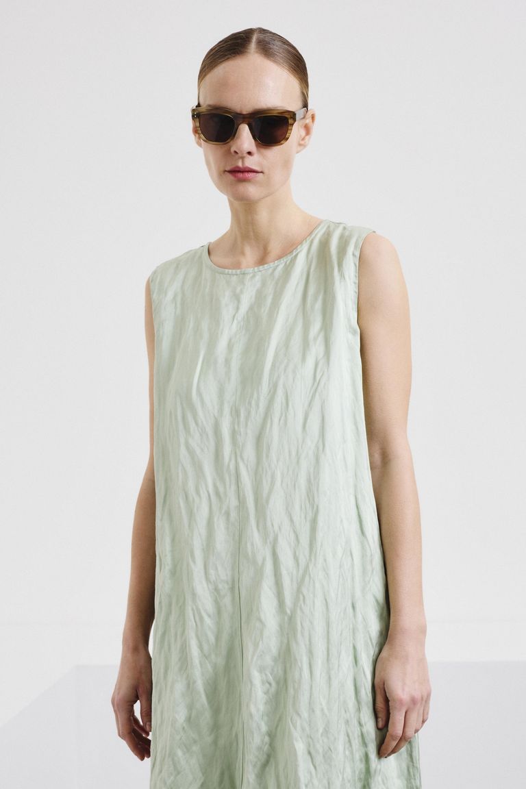 Crinkled viscose satin dress aloe