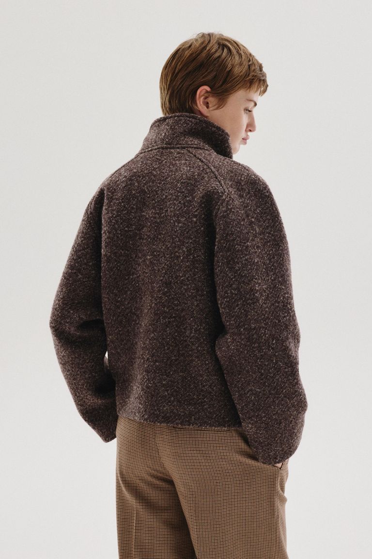 High-neck mélange wool and cotton cloth jacket