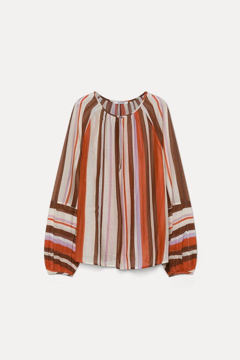 Blusa in chiffon di cotone e seta rigato aragosta