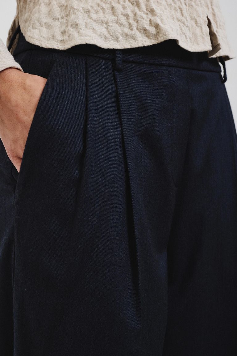 Trousers in cotton and wool blend mélange flannel dark blue
