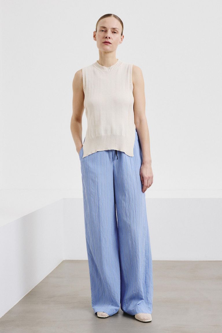 Pantalon en viscose technique rayée bleu clair
