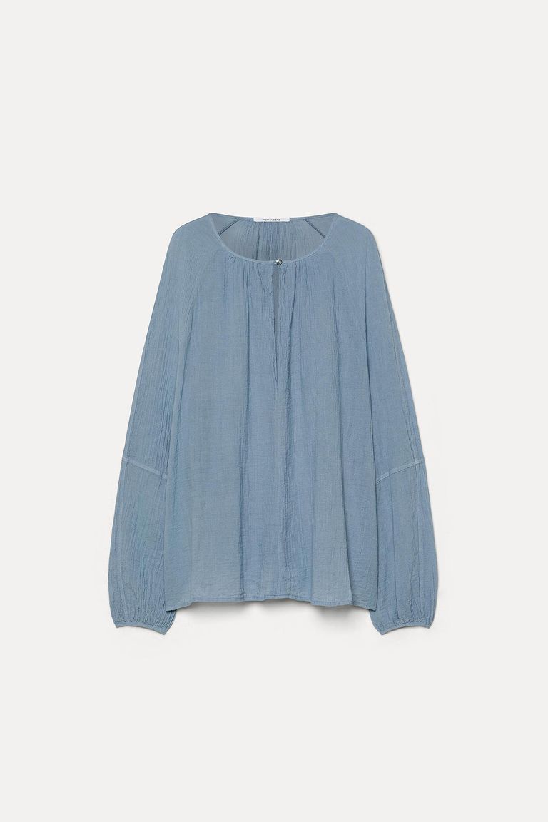 Organic cotton crêpe gauze blouse steel blue