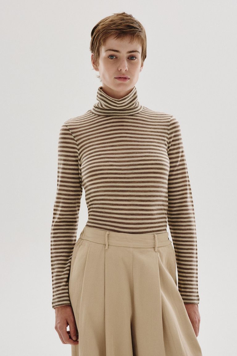 Striped wool jersey high-neck T-shirt dove grey