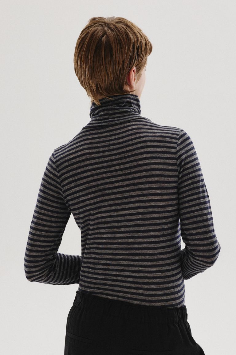 Striped wool jersey high-neck T-shirt navy blue