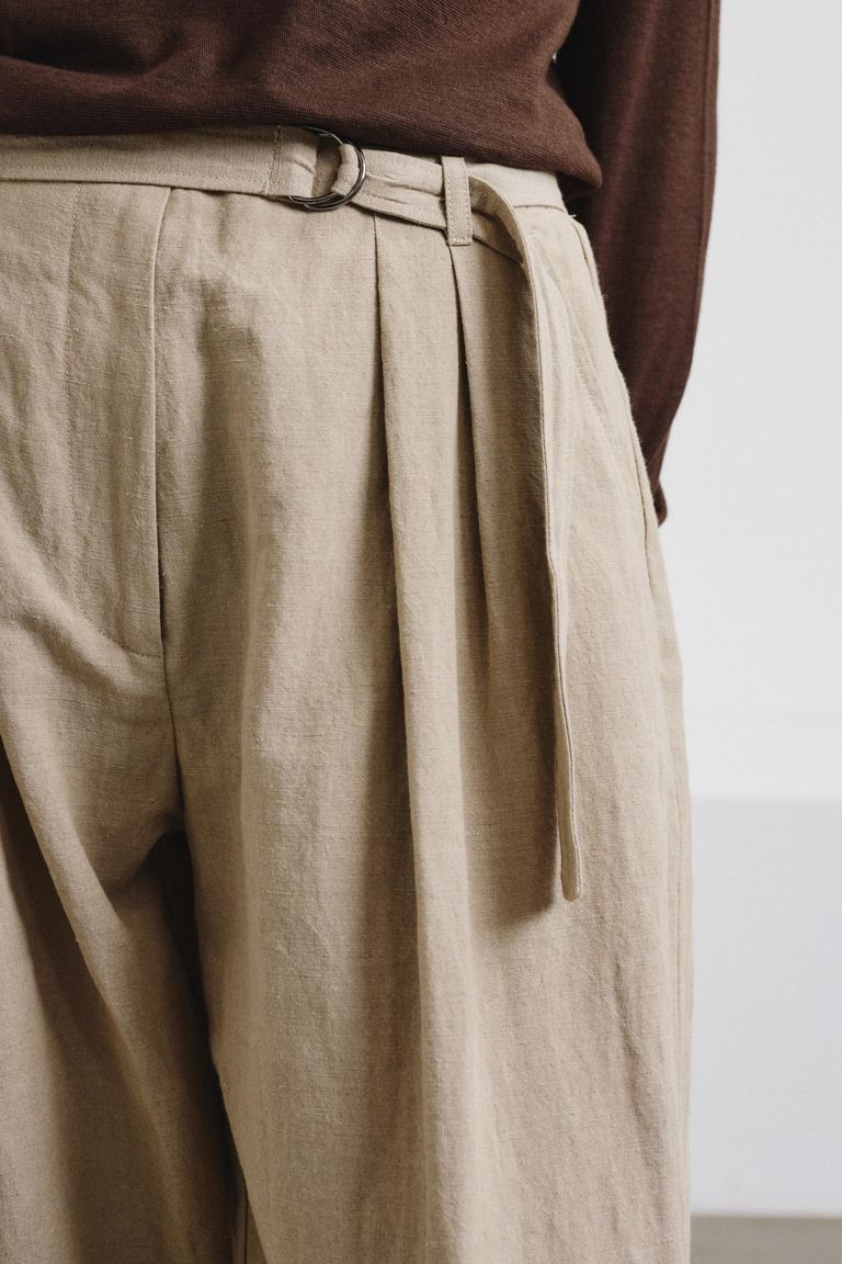 Cotton and linen twill trousers with waist tie jute