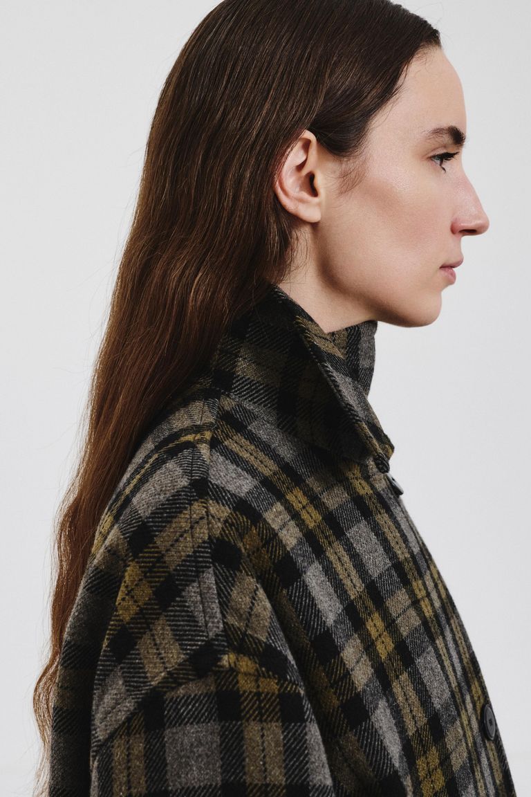 Manteau en drap de laine tartan vert militaire