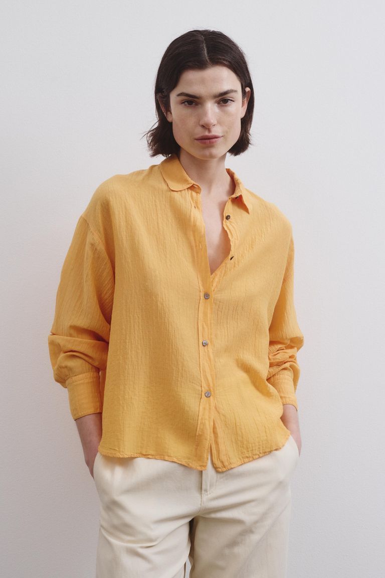 Camicia in voile goffrato di cotone e seta mandarino