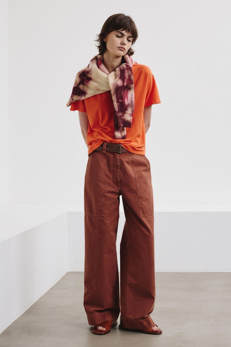 V-neck T-shirt in linen and cotton jersey lobster