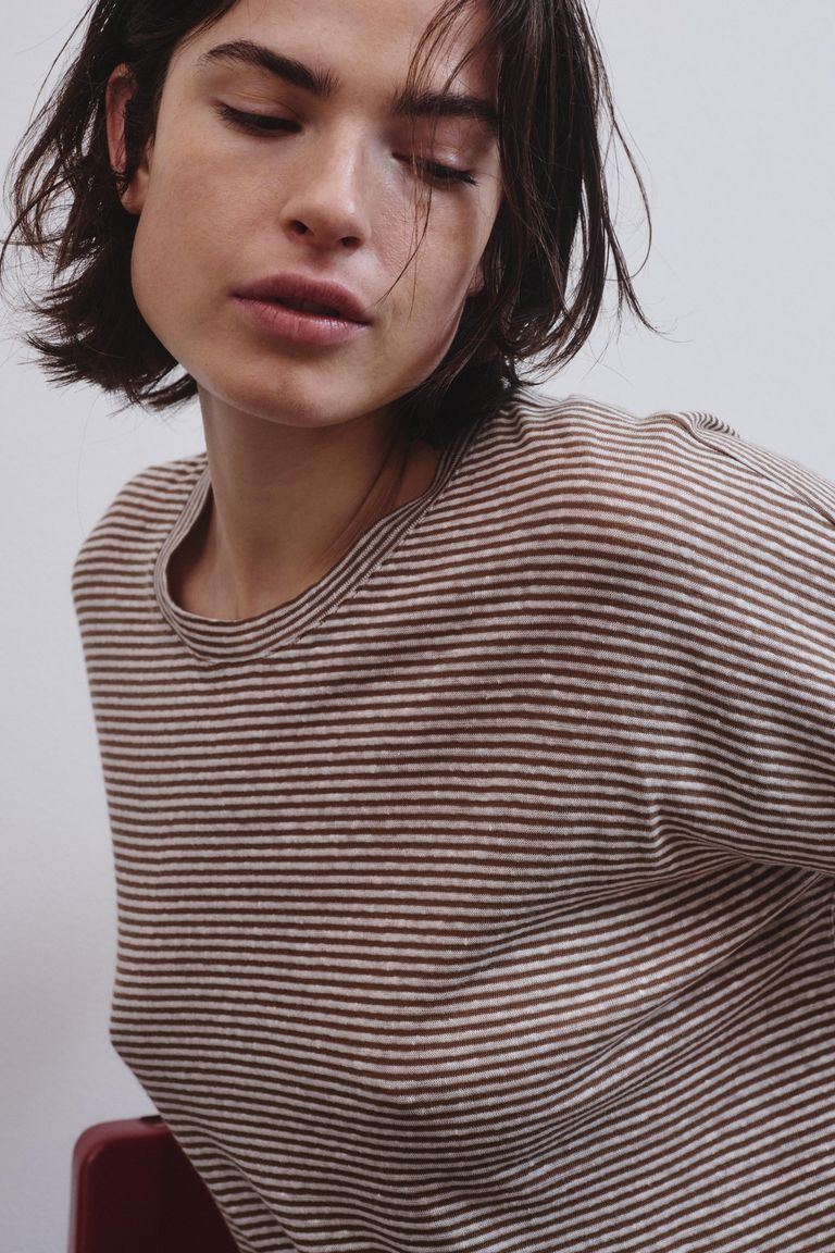 Oversized striped cotton and linen jersey T-shirt hazelnut