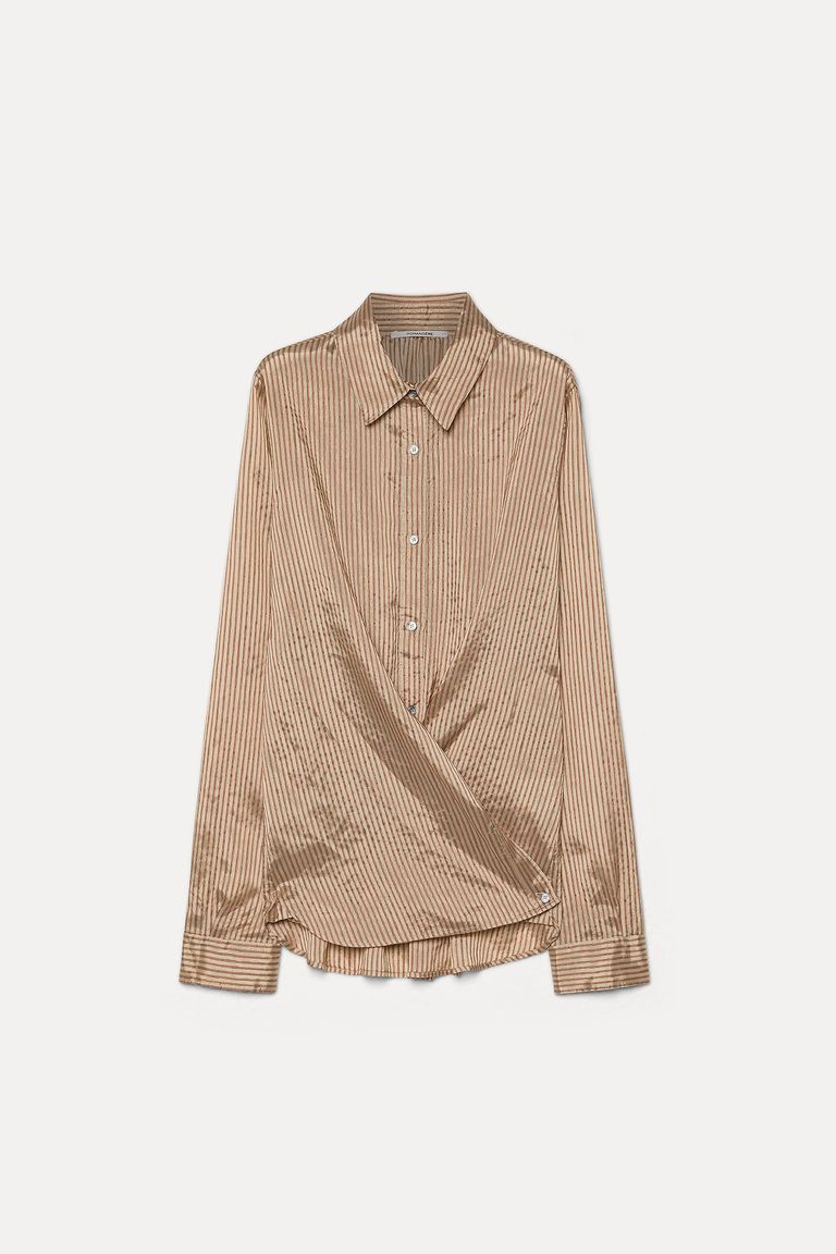 Chemise en shantung rayé de viscose, lin et soie terre cuite