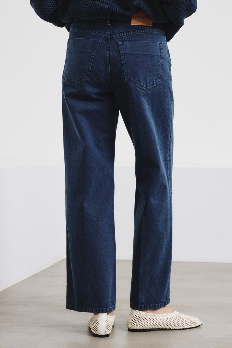 Pantalon droit en drill de coton indigo-soufre bleu