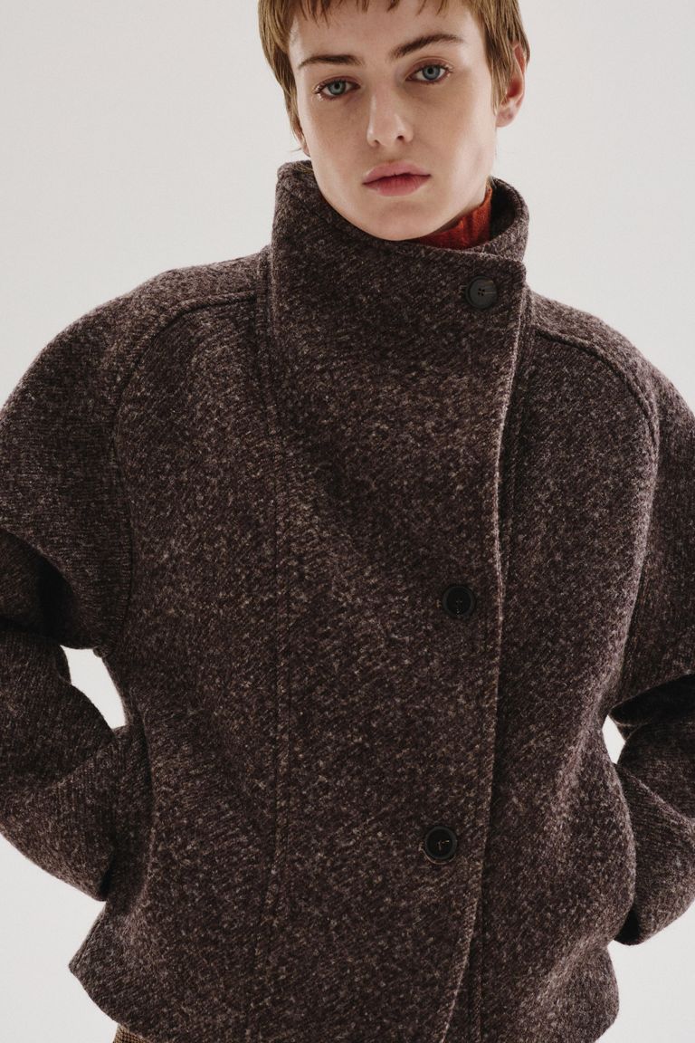 High-neck mélange wool and cotton cloth jacket