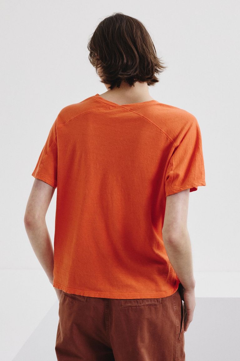 V-neck T-shirt in linen and cotton jersey lobster