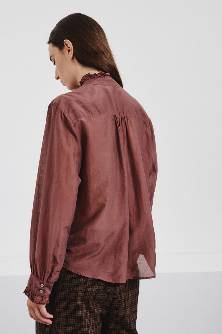 Camicia con rouches in voile di seta e cotone malva
