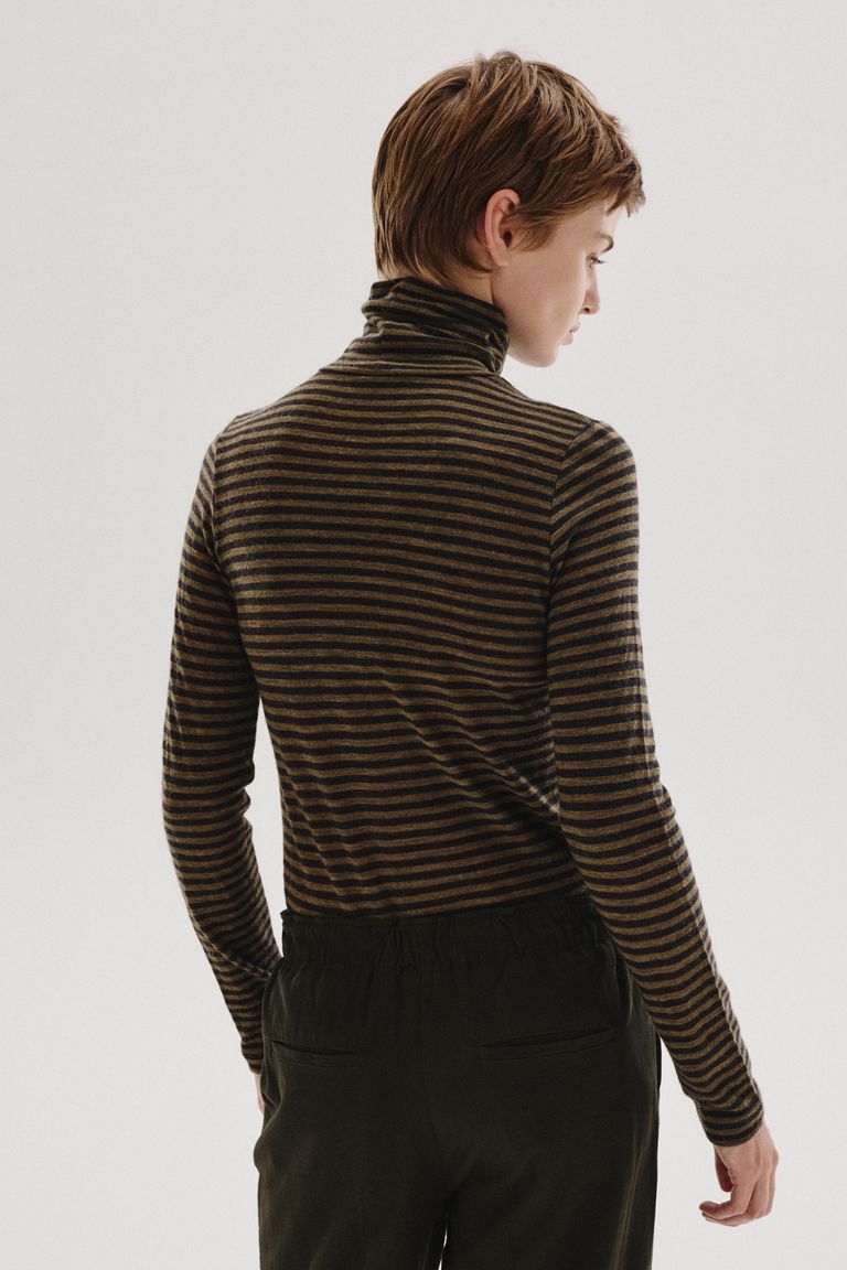 Striped wool jersey high-neck T-shirt military green