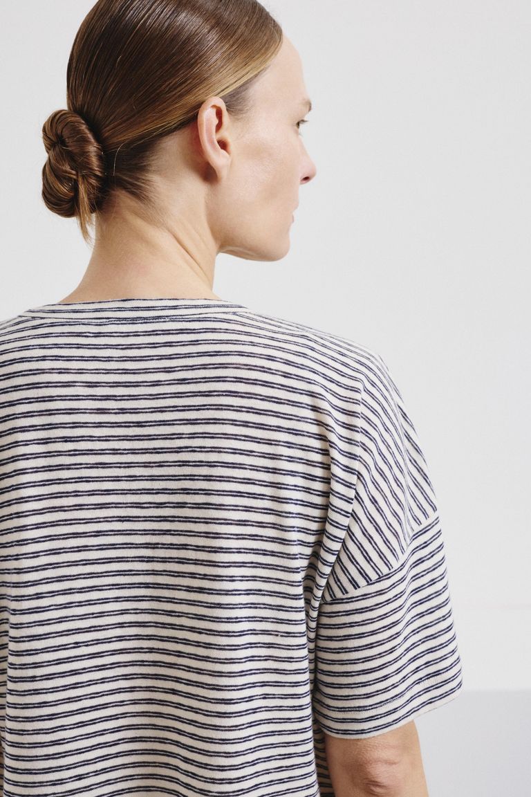 Oversized striped cotton and linen jersey T-shirt navy